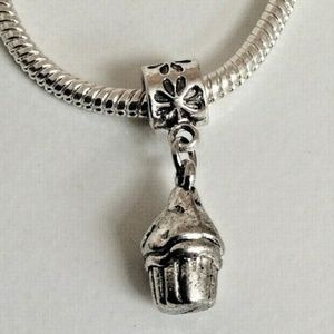 “Cupcake” Sterling Silver Plated Dangling Charm For European Style Bracelets